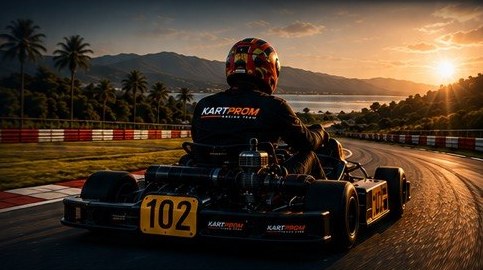 KartProm driver on a palm-lined circuit at sunset