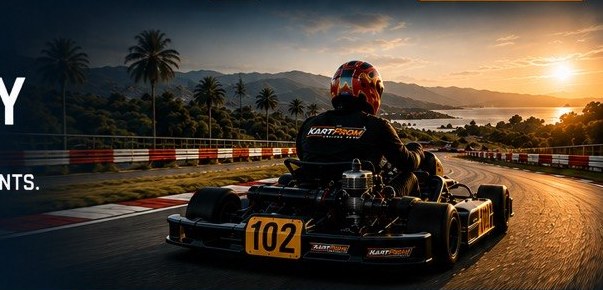 Kart number 102 on a coastal circuit at sunset