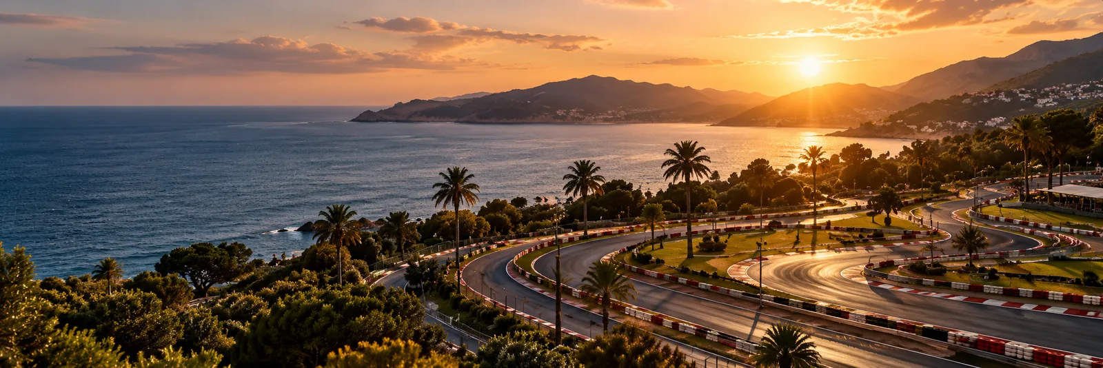 Sunset over a coastal karting circuit