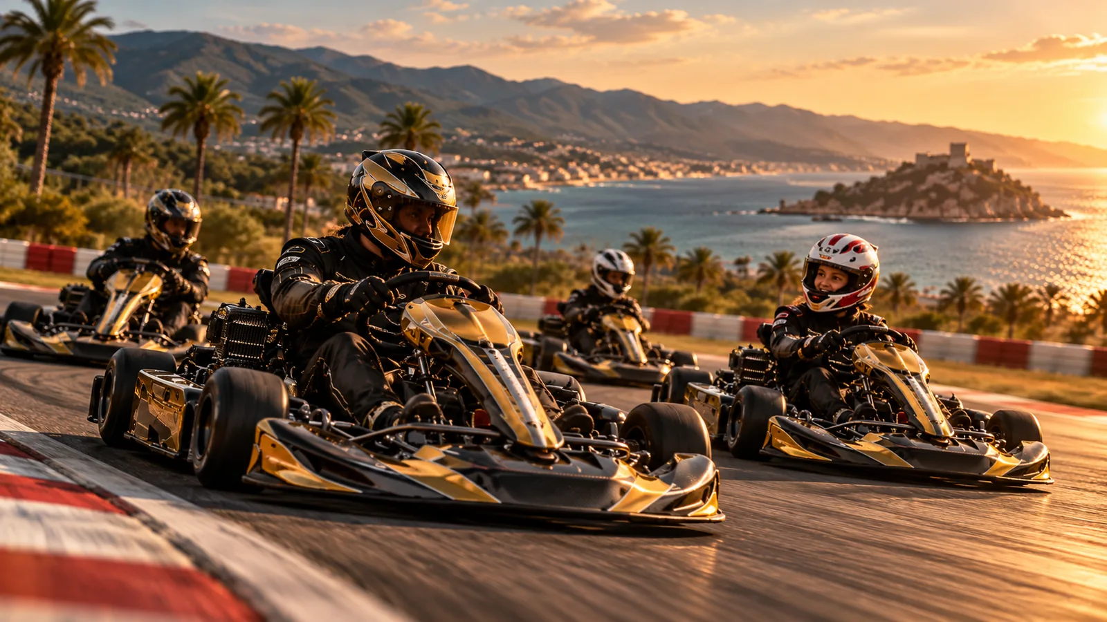 Karts on a palm-lined track