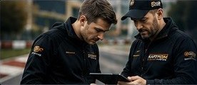Two KartProm coaches reviewing data on a tablet