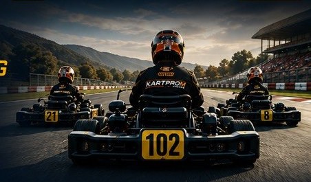Three KartProm karts lined up on the grid